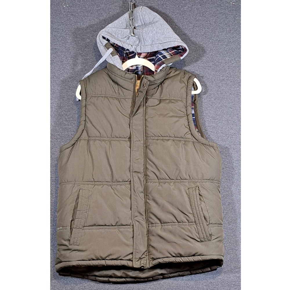 Weatherproof Vintage Mens Olive Green Hooded Puffer Vest Plaid Lined Large
